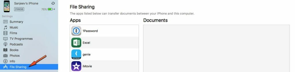 iTunes 12.7 File Sharing Screen